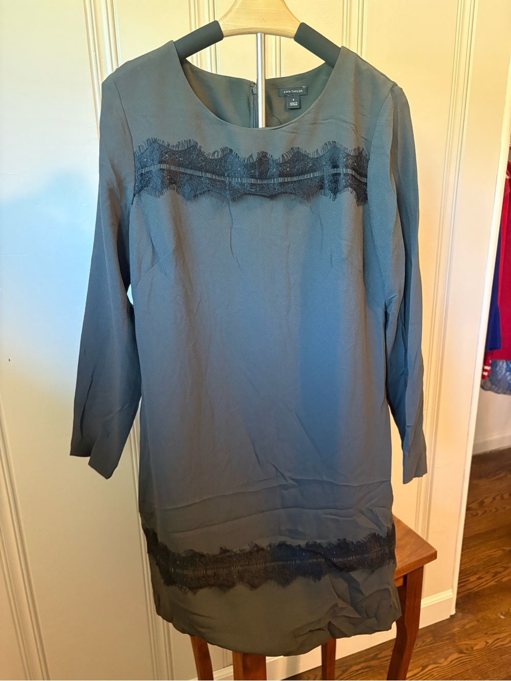 Ann Taylor Grey Shift Dress with Black Lace Trim